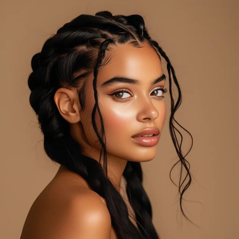 A stunning wide editorial shot of a woman showcasing long, dark brown goddess braids with intricate detailing. The braids are sleek and polished, catching the soft golden hour light as they fall elegantly over her shoulders, highlighting the texture and artistry of the style.