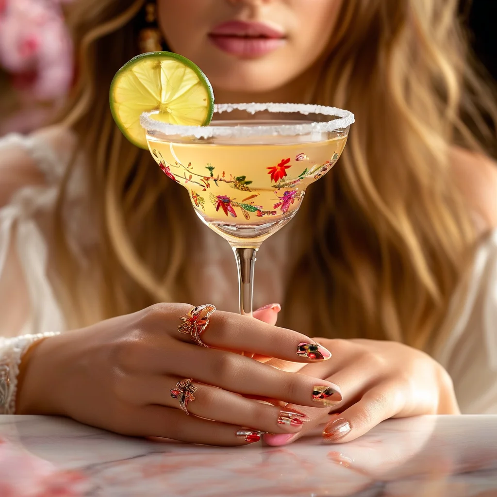 A woman's hand holding a margarita glass, showcasing perfectly manicured almond nails adorned with intricate glossy Cinco de Mayo nail art, featuring vibrant red, green, white, and gold floral and geometric patterns against a subtle marble background.