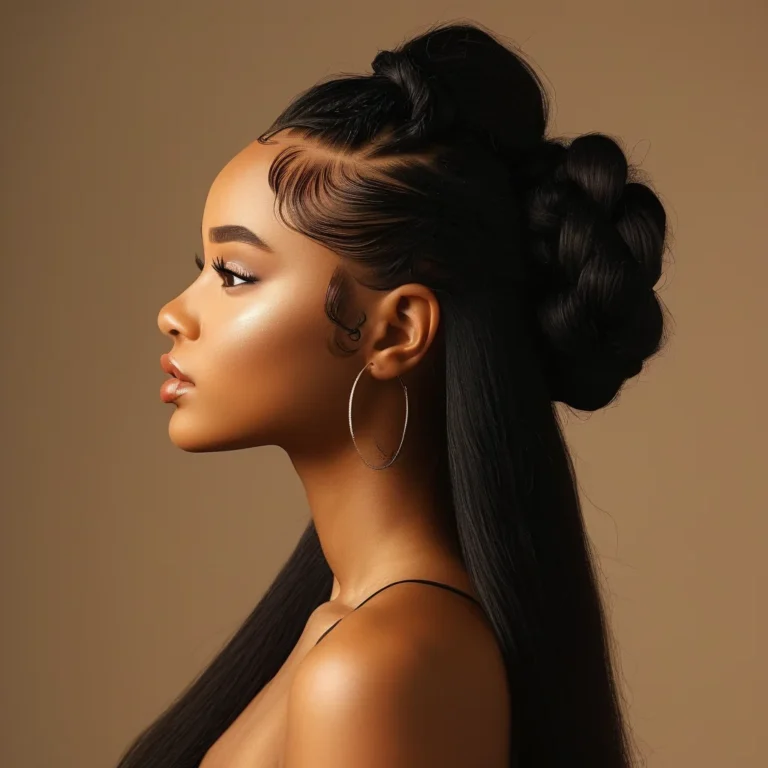 A beautiful woman with rich dark brown medium-length box braids styled in a sophisticated half-updo, framed by soft golden light. Her intricate braids are perfectly defined, highlighting her elegant profile and the sleek styling.