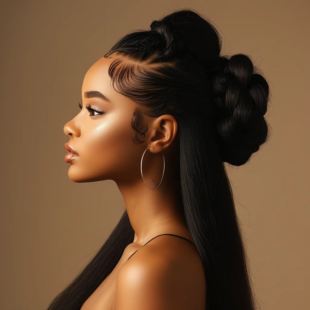Unlock Your Ultimate Look: 7 Stunning Box Braid Styles to Inspire Your Next Transformation 1 A beautiful woman with rich dark brown medium-length box braids styled in a sophisticated half-updo, framed by soft golden light. Her intricate braids are perfectly defined, highlighting her elegant profile and the sleek styling.