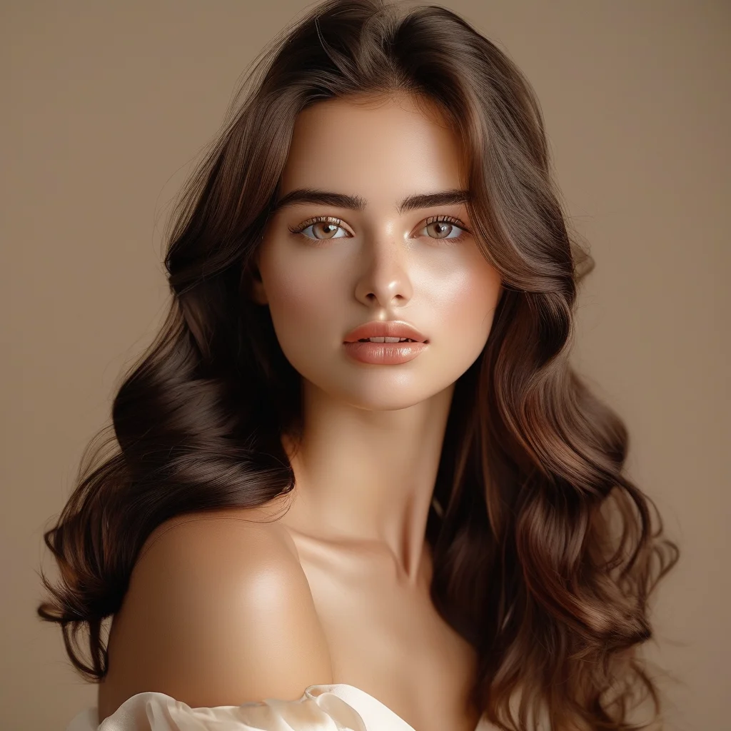 A wide editorial portrait of a woman with radiant, clear skin and long, dark brown hair styled in voluminous, glossy waves. Her hair is the central focus, shining under soft golden hour lighting, perfectly framing her serene expression.