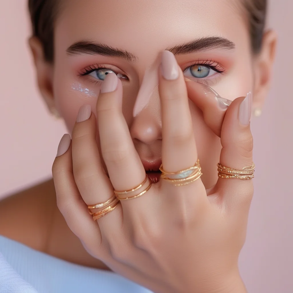 7 Unforgettable Spring Nail Ideas 2026: The Luxury Editor's Picks 1 A close-up, wide-angle shot of a woman's hand with beautifully manicured, long almond nails. The nails feature a soft pastel gradient design with peach and sky blue hues, finished with a subtle iridescent shimmer. She wears elegant gold rings and her hand rests gracefully on a polished marble surface.