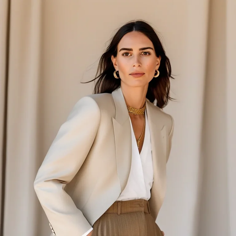 7 Chic Spring Outfits for Women You Need to Try This Season 12 A stylish woman in her late twenties smiles confidently, wearing a light lavender blazer over a white t-shirt, paired with high-waisted blue wide-leg jeans and white platform sneakers. Her outfit is accessorized with a delicate gold chain and small hoop earrings. The setting is a clean, bright city street with blurred buildings in the background.
