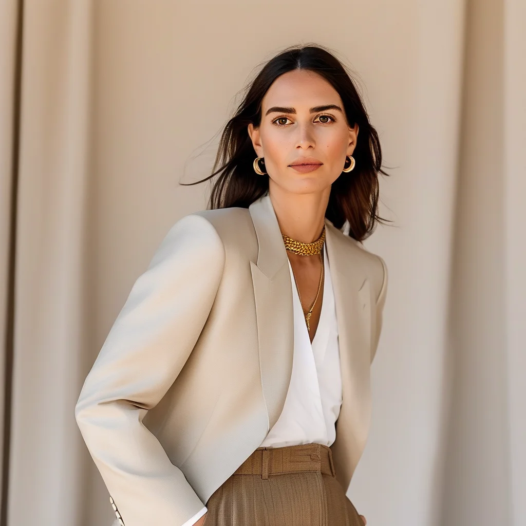 A stylish woman in her late twenties smiles confidently, wearing a light lavender blazer over a white t-shirt, paired with high-waisted blue wide-leg jeans and white platform sneakers. Her outfit is accessorized with a delicate gold chain and small hoop earrings. The setting is a clean, bright city street with blurred buildings in the background.