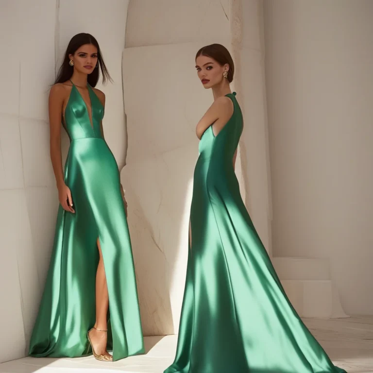 A woman stands confidently in a luxurious emerald silk evening gown with a high slit, wearing strappy metallic heels against a bright, minimalist architectural backdrop.