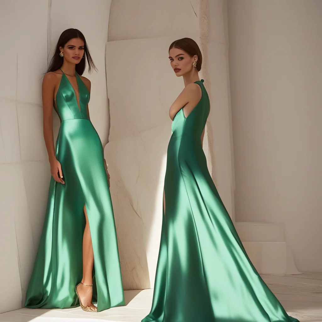 A woman stands confidently in a luxurious emerald silk evening gown with a high slit, wearing strappy metallic heels against a bright, minimalist architectural backdrop.
