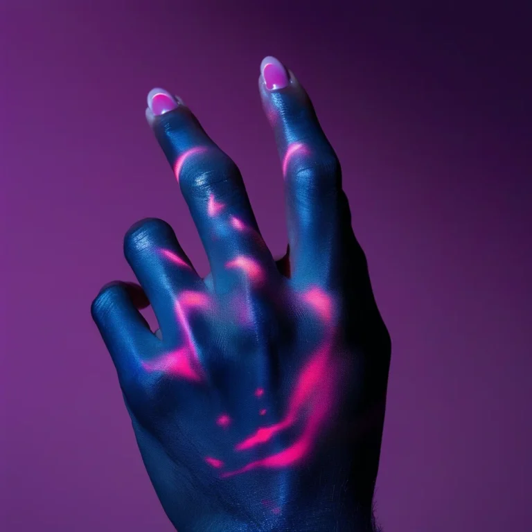 Close-up of a luxurious color-changing bio-adaptive gel manicure transitioning between blue and pink.