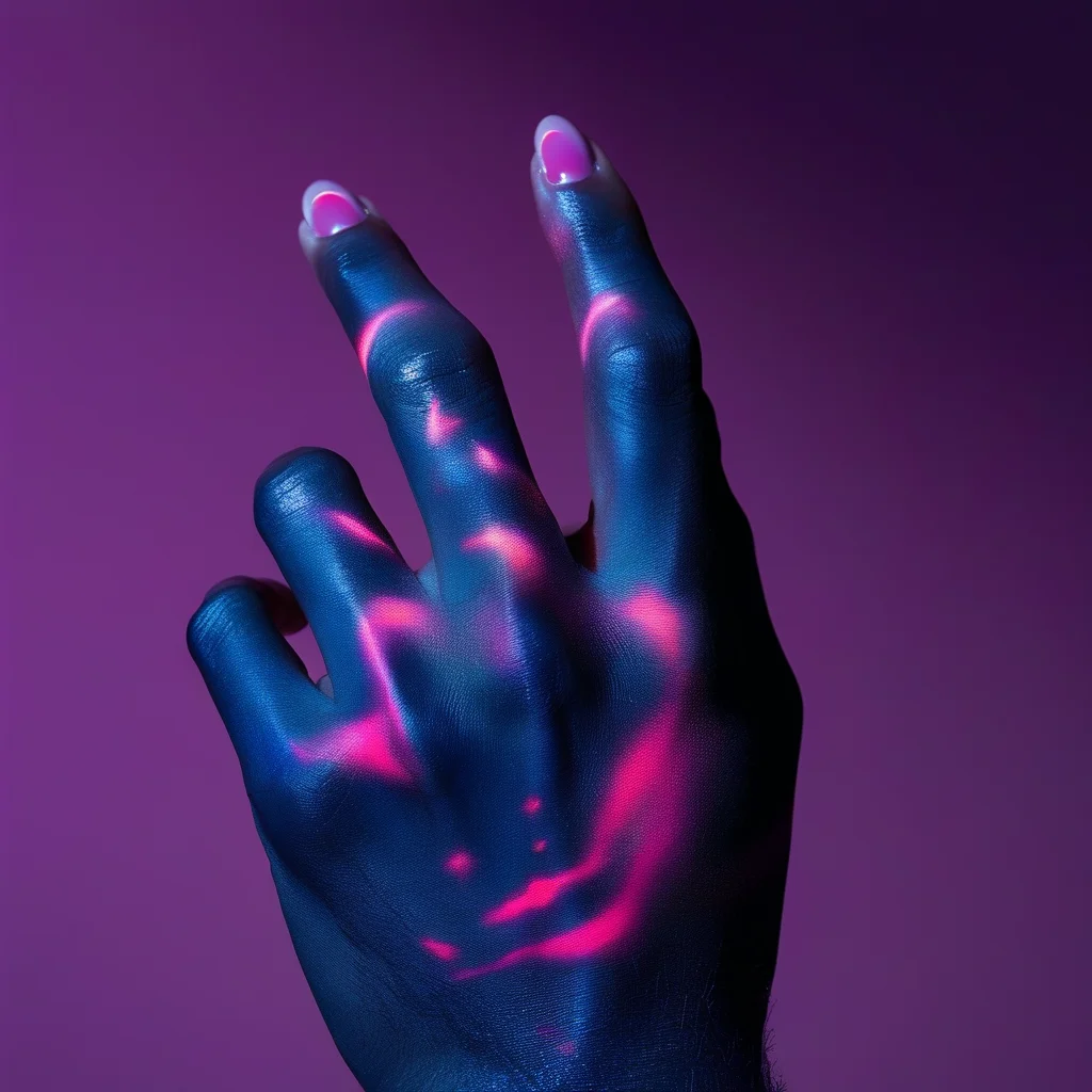 Close-up of a luxurious color-changing bio-adaptive gel manicure transitioning between blue and pink.