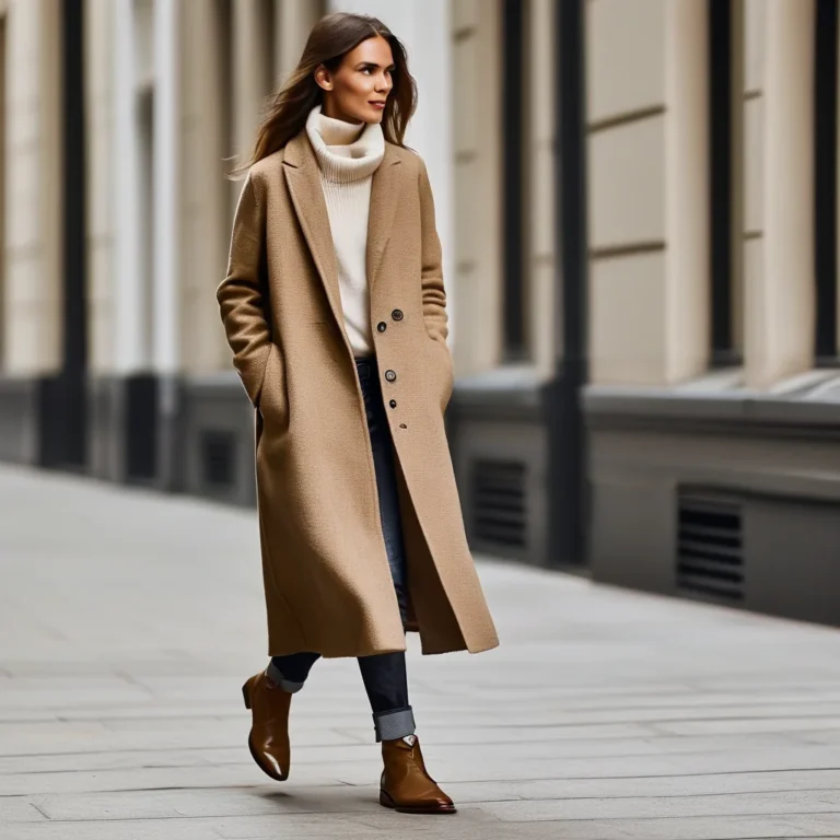 A stylish woman wears a camel wool coat over a cream turtleneck and jeans, standing on a bright city sidewalk during a winter day.