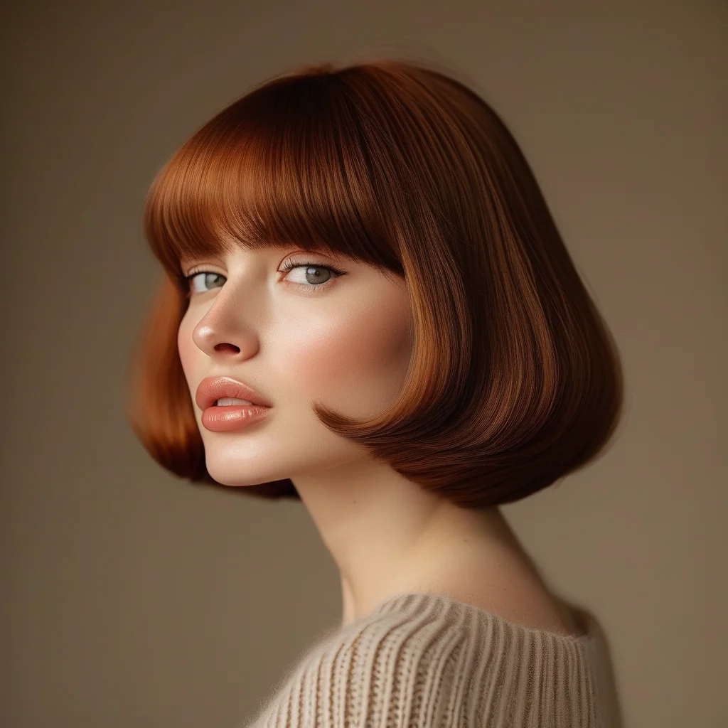 A stunning woman showcases a classic chestnut brown French bob haircut, precisely cut to the jawline with a subtle inward curl. The soft golden light emphasizes the hair's glossy finish and sleek texture, capturing a timeless Parisian elegance.