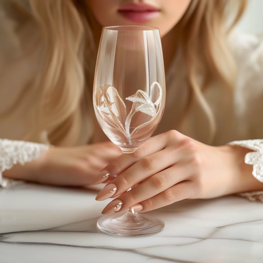 7 Viral Coquette Nail Designs You Need to Try This Season 1 A close-up shot of a woman's manicured hand on marble, showcasing long almond nails with a soft pink base and intricate white bow nail art.