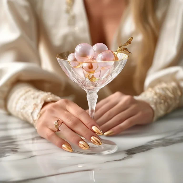 Close-up of a woman's hand with long almond-shaped nails featuring 3D gel bubbles and gold leaf, resting on a marble surface near a cocktail glass.