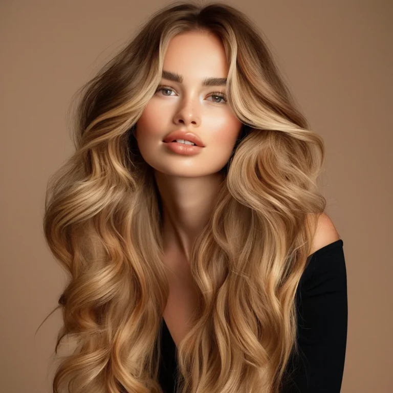 A close-up portrait of a woman with long, flowing wavy hair adorned with rich honey blonde highlights that catch the light, set against a soft, blurred background.