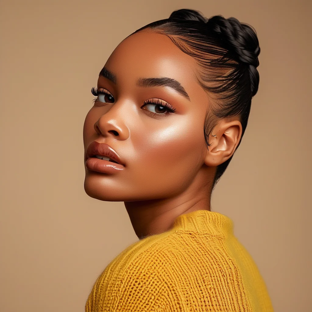 7 Viral Prom Makeup Tutorial Hacks to Guarantee You Slay the Dance Floor 1 A close-up editorial portrait of a woman with a perfectly smoothed, high-shine polished bun hairstyle, captured in warm golden hour light.