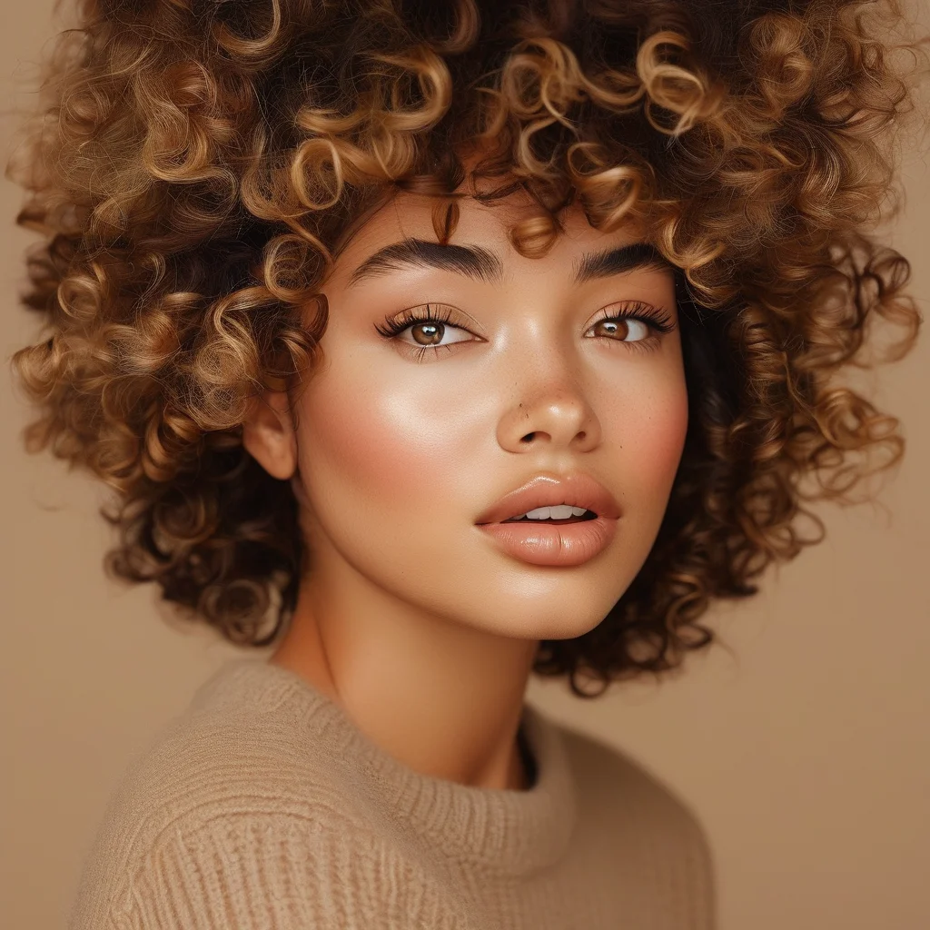 A close-up professional portrait of a woman with vibrant, defined 3C curls styled in a wash and go. The lighting accentuates the moisture and texture of her natural hair, which falls gracefully around her shoulders.