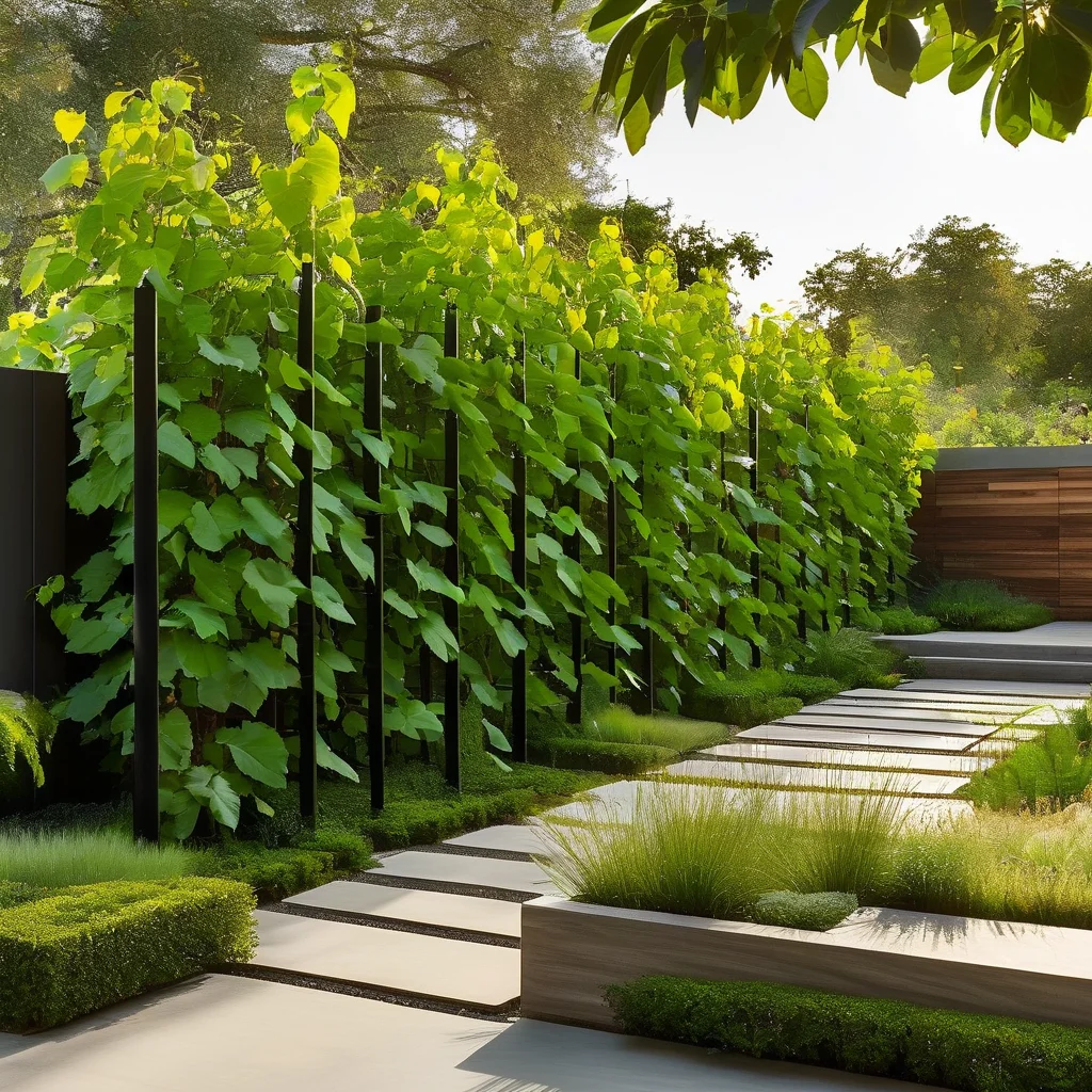 A luxury modern garden at sunset featuring a tall black steel cucumber trellis filled with climbing vines and fresh vegetables, set against a backdrop of neatly arranged garden beds.