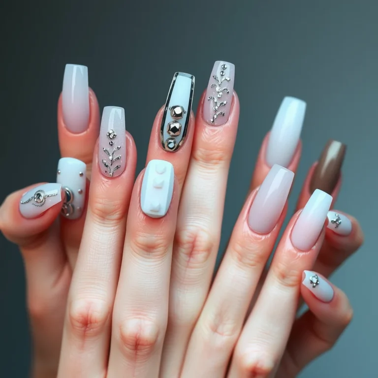 A close-up aesthetic display of trending 2026 nail art designs featuring chrome finishes and 3D textured elements.