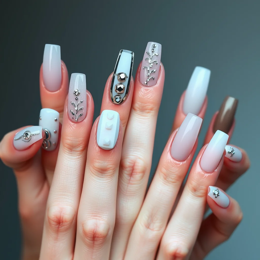 A close-up aesthetic display of trending 2026 nail art designs featuring chrome finishes and 3D textured elements.
