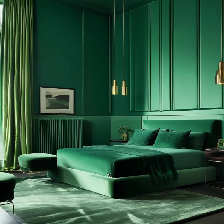 A luxurious bedroom where every surface, from walls to baseboards and fabrics, is painted in a deep, cohesive emerald green to create a calming and immersive sanctuary.