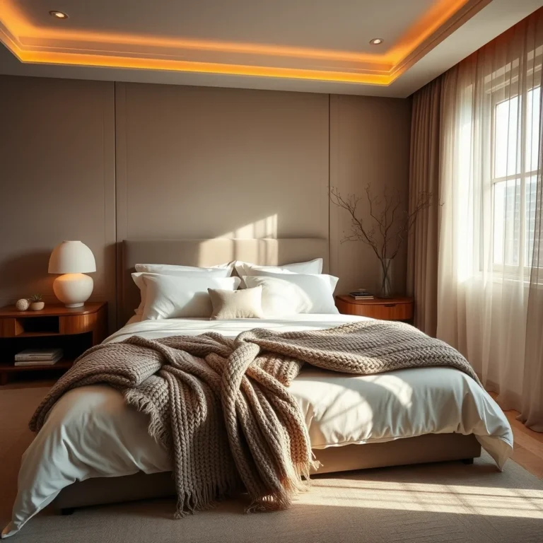 7 Viral Bedscaping Ideas to Transform Your Bedroom into a Luxury Sanctuary 10 A luxurious, sun-drenched bedroom interior with a meticulously styled bed featuring layered neutral-toned linens, soft lighting, and an inviting, cozy atmosphere.