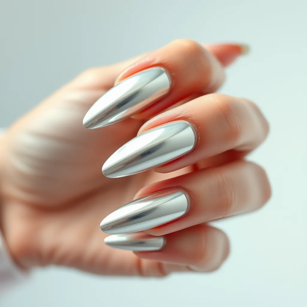 A close-up of high-shine, mirror-like silver chrome nails on long almond-shaped nails.