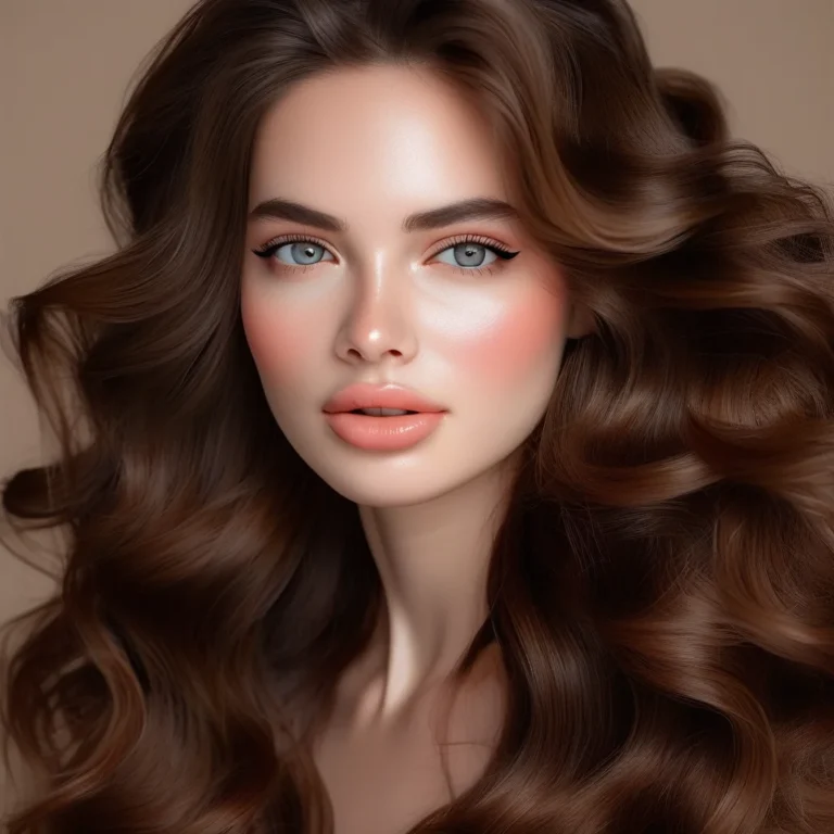 A woman with long, glossy brunette hair styled in soft, voluminous waves, illuminated by gentle salon lighting. Her soft glam makeup includes a subtle winged liner and a radiant, peachy complexion.