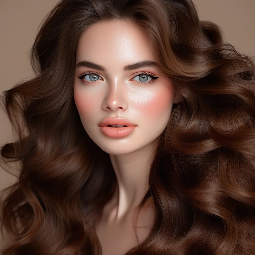 A woman with long, glossy brunette hair styled in soft, voluminous waves, illuminated by gentle salon lighting. Her soft glam makeup includes a subtle winged liner and a radiant, peachy complexion.