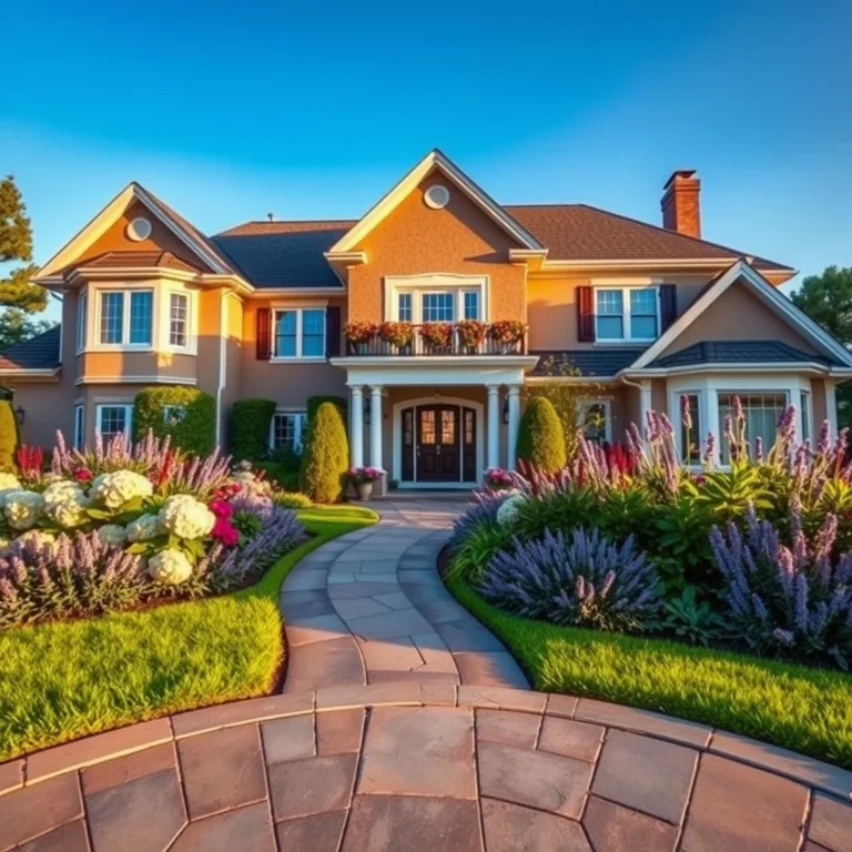 A luxurious home exterior showcasing professional landscaping with vibrant flower beds filled with hydrangeas and lavender during a warm, sunny golden hour.