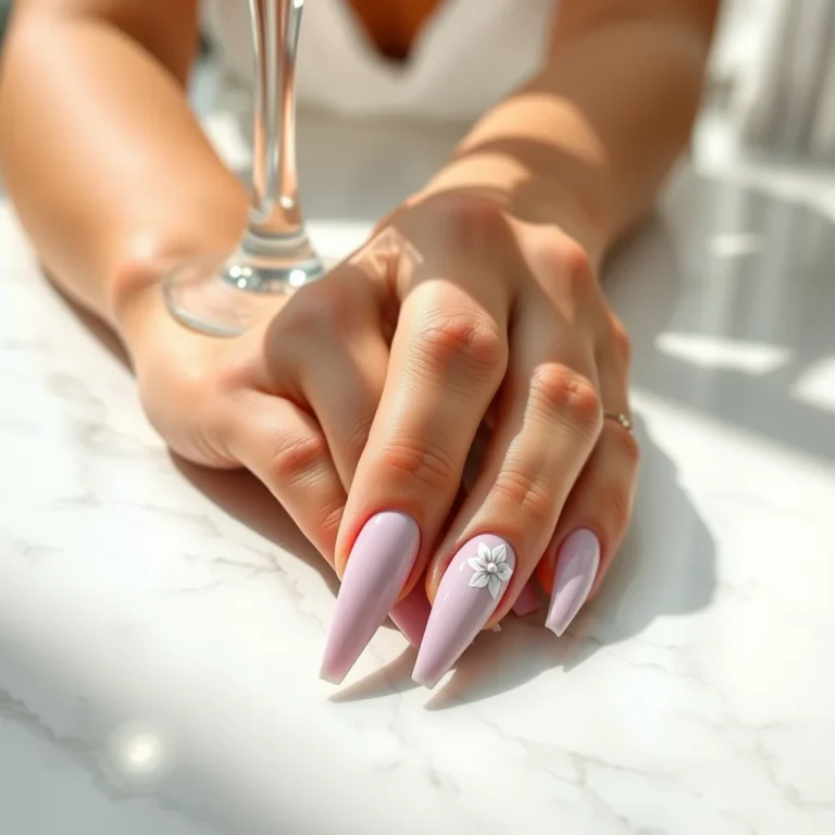 7 Spring Stiletto Nails Trends That Are Taking Over Pinterest Right Now 14 Close-up of elegant long stiletto nails in pastel lavender with white floral art, resting on a white marble surface next to a wine glass.