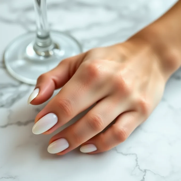 A close-up shot of a manicured hand with almond-shaped nails decorated with delicate pearls, resting on marble.