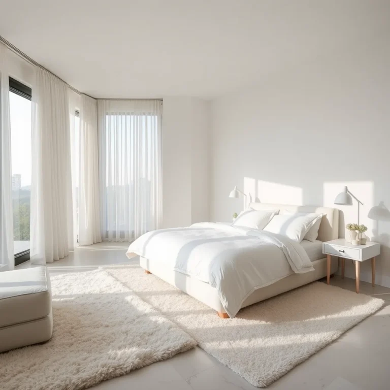 7 Viral Secrets to Mastering the All White Bedroom Aesthetic 13 A luxurious, airy bedroom decorated entirely in white, featuring layers of high-quality fabrics, soft natural sunlight, and a minimalist, tranquil atmosphere.
