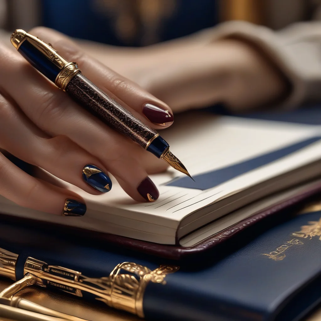 9 Viral Back to School Nail Art Trends to Ace Your Semester Style 1 Close-up of a woman's hand with elegant navy and gold celestial nail art resting on a mahogany desk near a notebook, captured in soft, professional luxury lighting.
