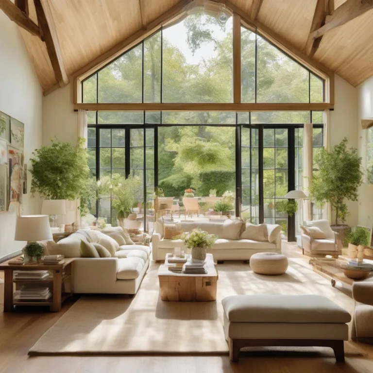 A luxurious, sun-drenched living room with light neutral furnishings and a decorative wooden calendar on the wall, overlooking a vibrant garden.