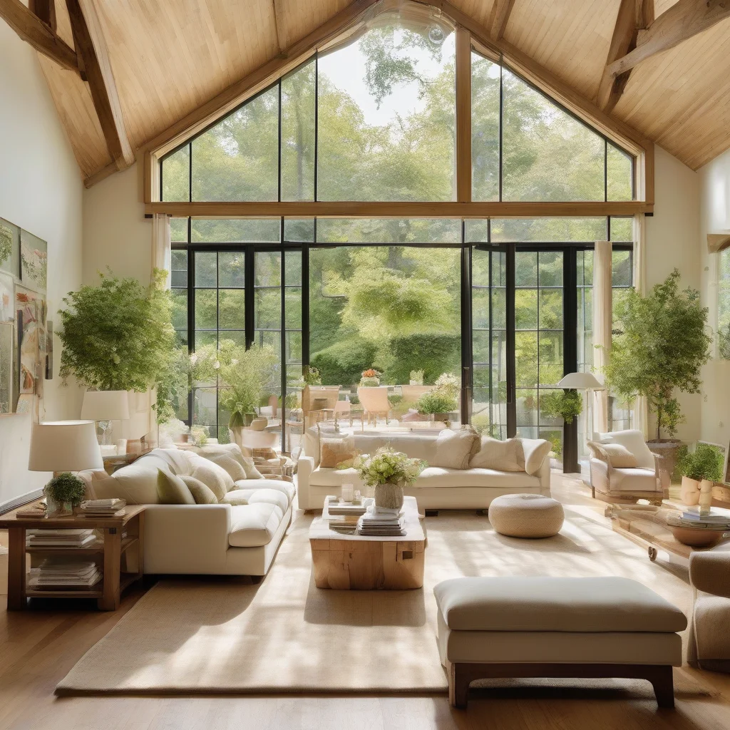 7 June Calendar Hacks to Transform Your Home for Summer 1 A luxurious, sun-drenched living room with light neutral furnishings and a decorative wooden calendar on the wall, overlooking a vibrant garden.
