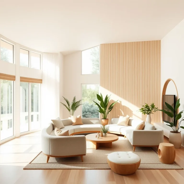 A modern, stylish living room showcasing the latest 2026 home decor trends with warm lighting and organic textures.