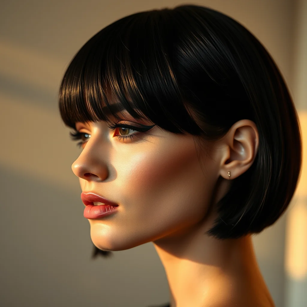 7 Lip Liner Tutorial Secrets for the Perfect Pout 1 A stunning portrait of a woman with a sleek, jet-black precision-cut bob hairstyle under soft golden hour light, highlighting the glossy texture of her hair.