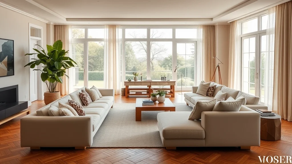 A sun-drenched, cozy living room featuring a plush beige sofa and natural wood furniture, designed with a serene and warm neutral color palette.