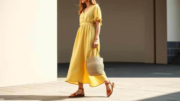 A woman stands confidently on a sunlit street wearing a butter yellow linen midi dress and strappy leather sandals, capturing a chic summer aesthetic.