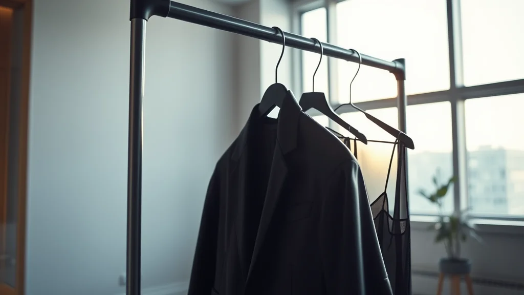 Sustainable tech-core fashion garments hanging in a minimalist luxury wardrobe.