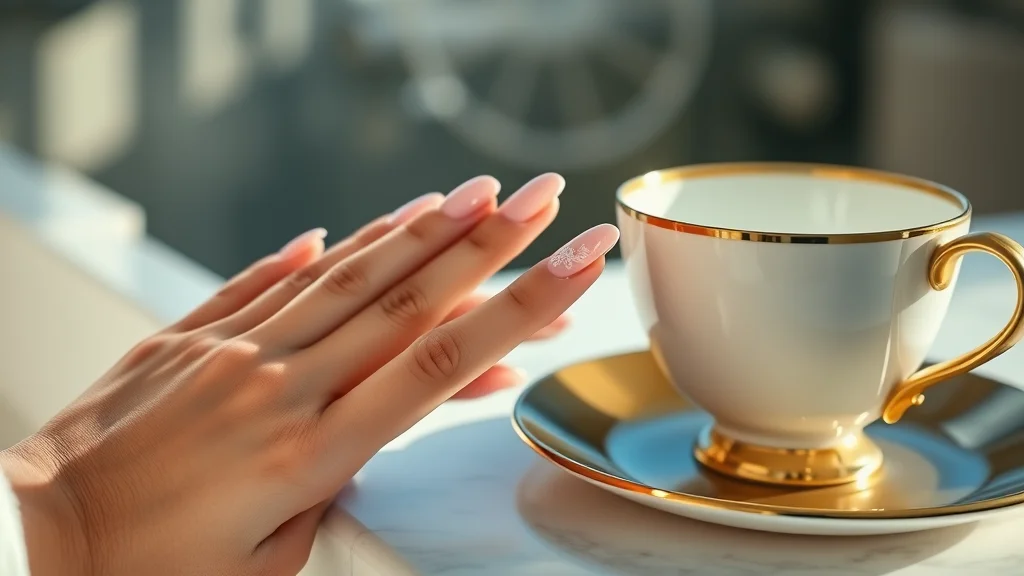 Close-up of elegant almond-shaped nails with intricate white lace nail art on a blush pink base, resting on a white marble table.