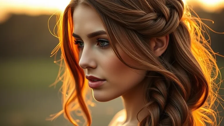 7 Viral Hacks for a Perfect Waterfall Braid Tutorial That Actually Stays 14 A close-up shot of a woman with long chestnut hair featuring a beautiful waterfall braid, glowing in soft warm sunset lighting.