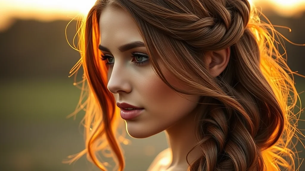 A close-up shot of a woman with long chestnut hair featuring a beautiful waterfall braid, glowing in soft warm sunset lighting.