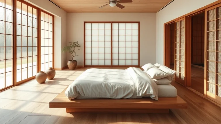 7 Japandi Bedroom Design Secrets to Transform Your Sanctuary 10 A serene Japandi-style bedroom featuring a low wooden platform bed, minimalist neutral linen bedding, and light oak floors bathed in natural soft sunlight.