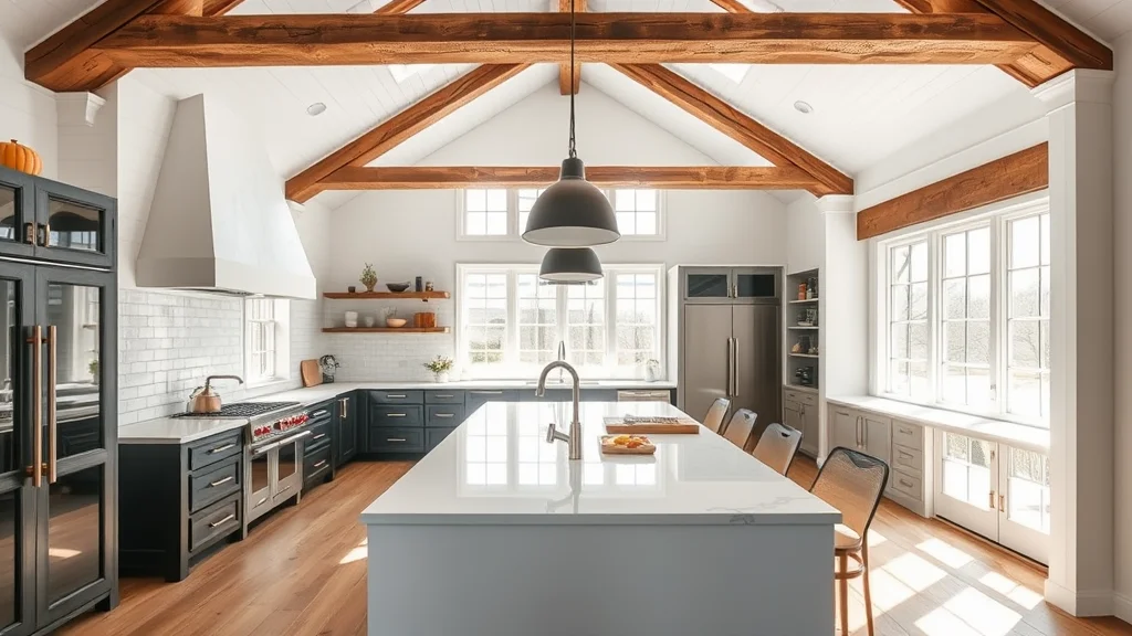 7 Viral Farmhouse Kitchen Decor Trends That Will Transform Your Home 1 A brightly lit, wide-angle farmhouse kitchen featuring rustic wooden ceiling beams, a large white kitchen island with marble countertops, and matte black pendant lights.
