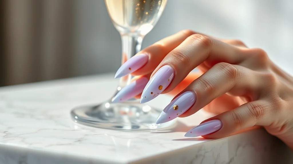 7 Dreamy Watercolor Nail Art Designs You Need to Try This Season 1 Close-up of a manicured hand with long almond-shaped nails showcasing ethereal watercolor blending in pastel tones, resting on a luxurious marble surface.