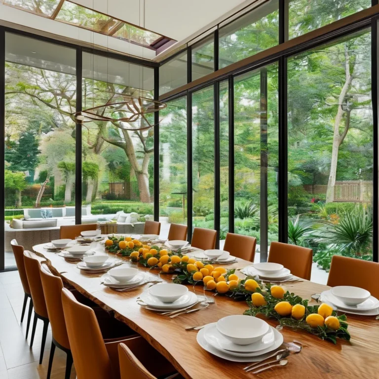 A wide-angle view of a sunlit dining room, featuring a long wooden table adorned with a vibrant lemon and fresh herb centerpiece, set against a backdrop of large windows and a green garden. The room has a warm, inviting feel with natural light and elegant simplicity.