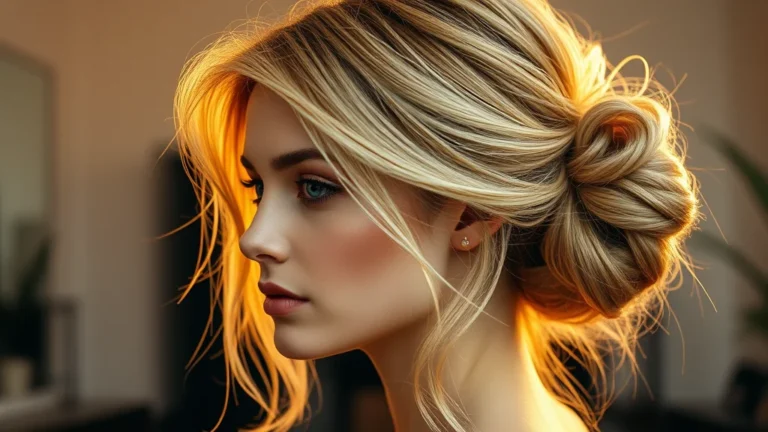 7 Effortless Messy Bun Hairstyle Hacks for an Instant Glow-Up 10 A close-up shot of a woman with highlighted hair worn in a stylish, loose messy bun. The lighting is warm and soft, highlighting the texture and volume of the hair.