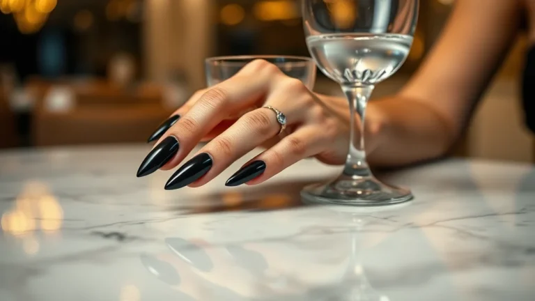A close-up shot of a woman's hand holding a luxury cocktail glass, showcasing long, glossy black almond-shaped nails with a metallic silver chrome center design.