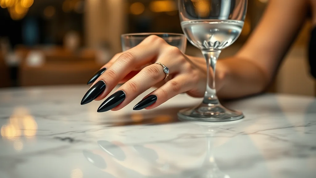 A close-up shot of a woman's hand holding a luxury cocktail glass, showcasing long, glossy black almond-shaped nails with a metallic silver chrome center design.
