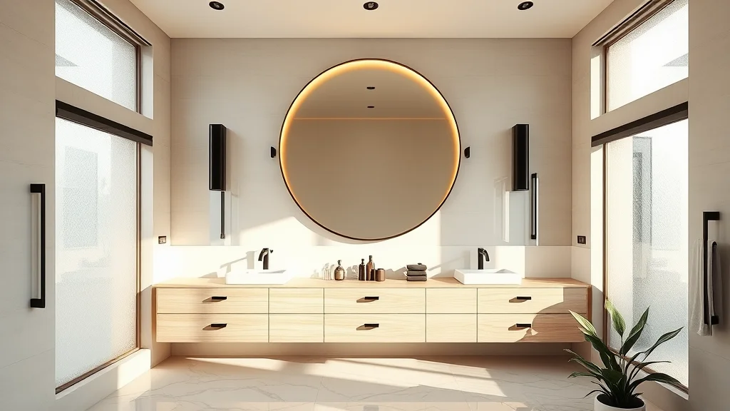 A luxurious, modern spa-style bathroom featuring a long floating oak vanity and soft, ambient natural light reflecting off marble floors.